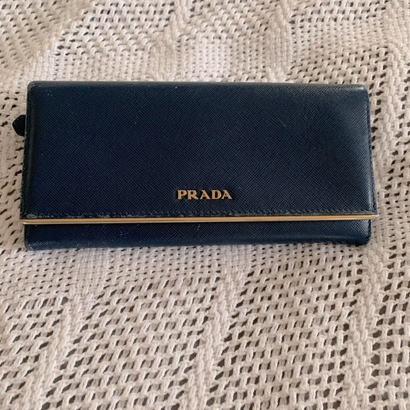 Prada Saffiano Metal Bar Continental Flap Wallet in Bluette - GUC - Picture 1 of 12